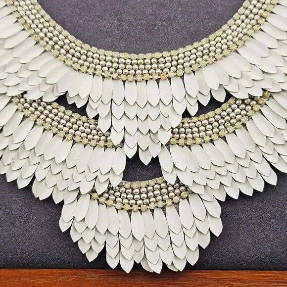 Beaded Cascade Statement Necklace Beige White Bib Collar Cosplay Costume Indie - Picture 2 of 5